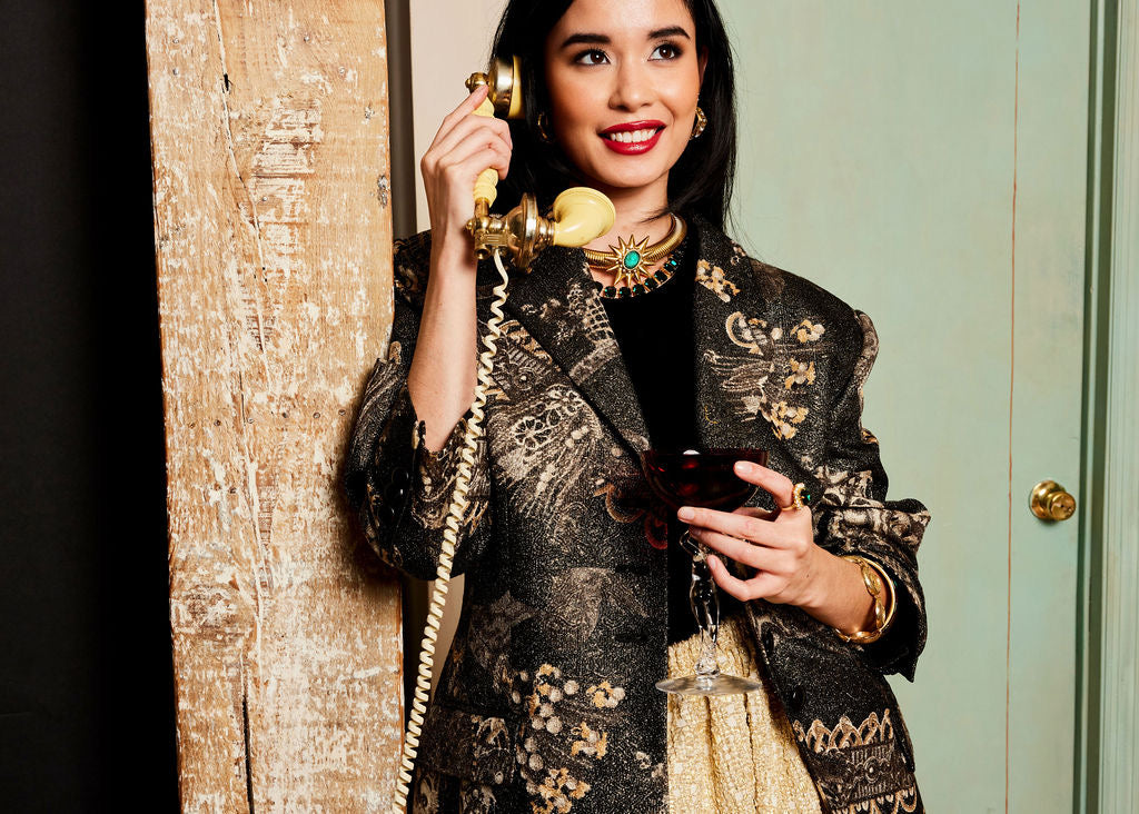 90s Louis Feraud Metallic Evening Blazer - Black & Gold Baroque Print