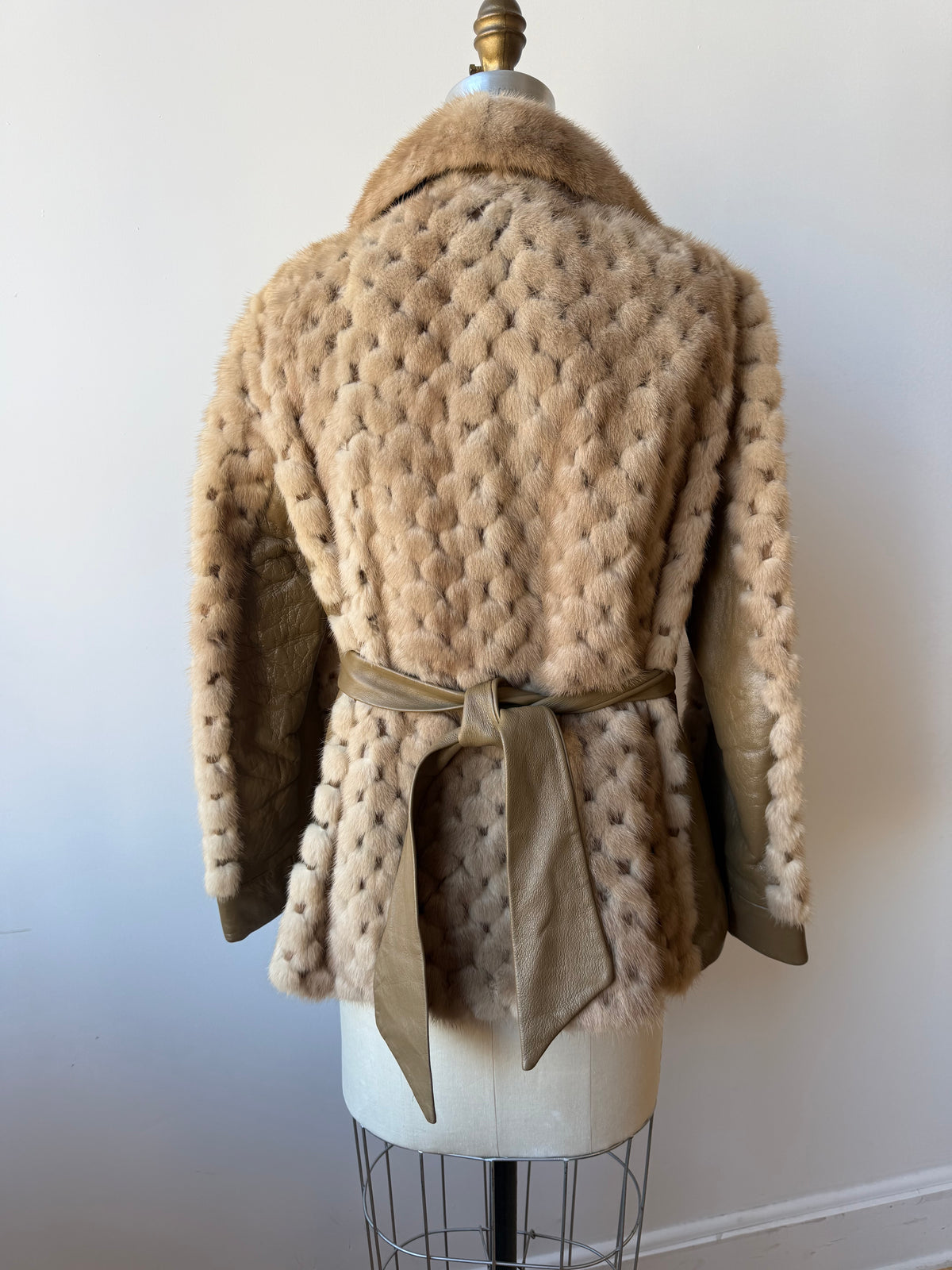 70s Beige Mink & Leather Coat . Belt
