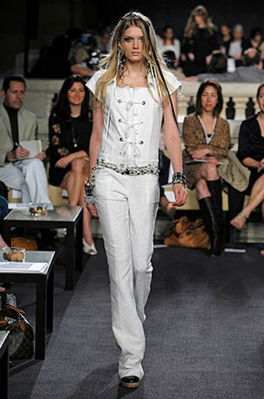 2007 Chanel Cruise Runway Collection White Lace Up Cotton Jumpsuit