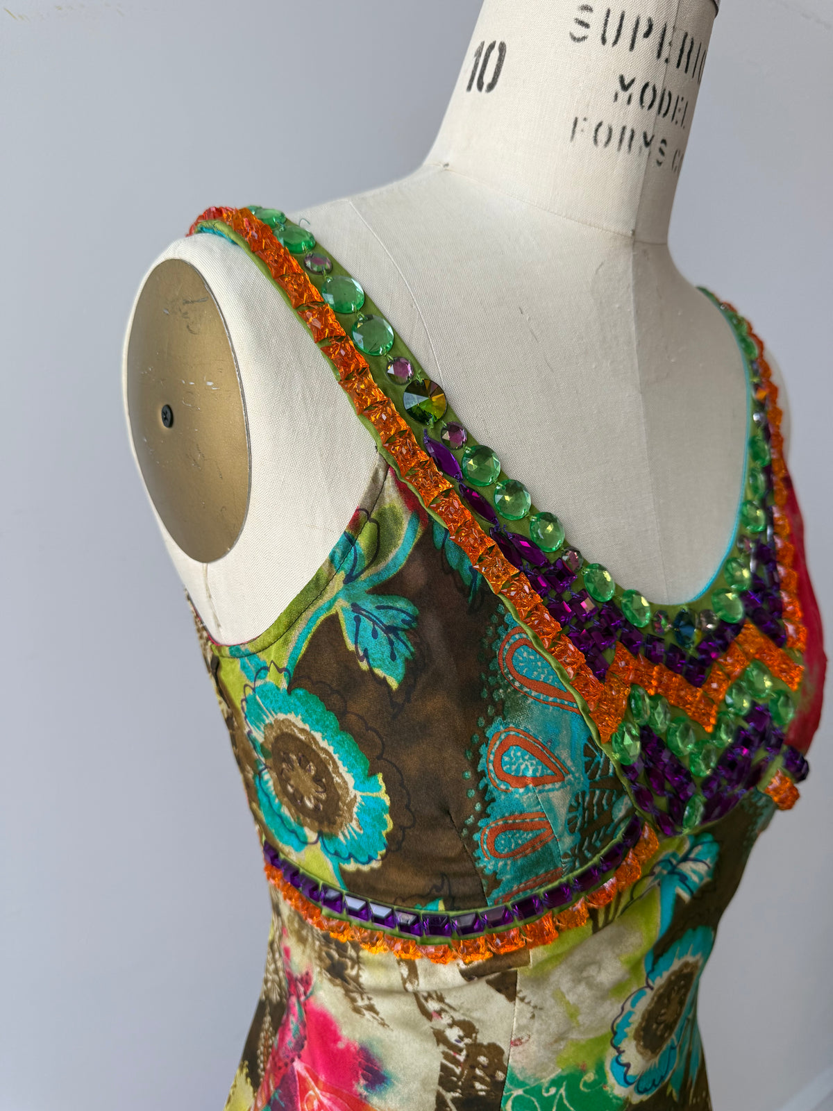 Y2K Etro Silk Floral Dress w Gemstone Neckline