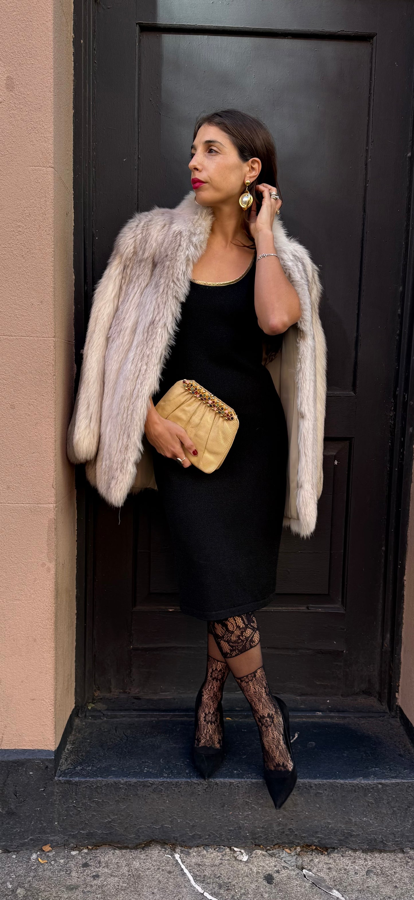 Vintage Italian Black Knit Dress with Gold Trim