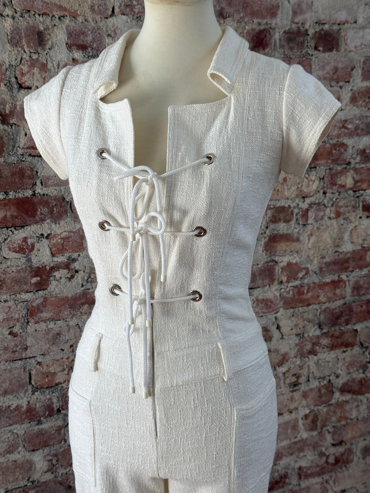 2007 Chanel Cruise Runway Collection White Lace Up Cotton Jumpsuit