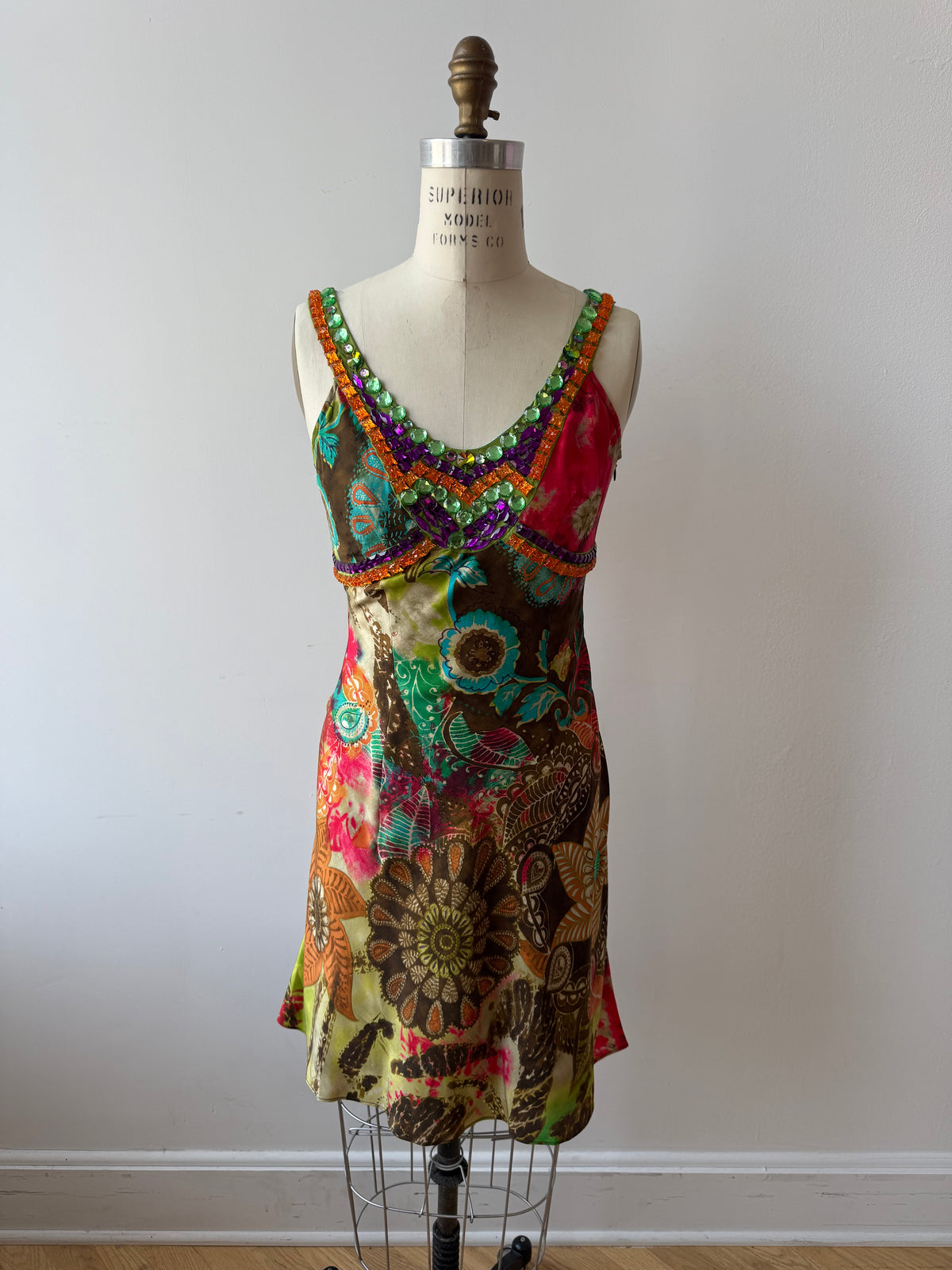 Y2K Etro Silk Floral Dress w Gemstone Neckline