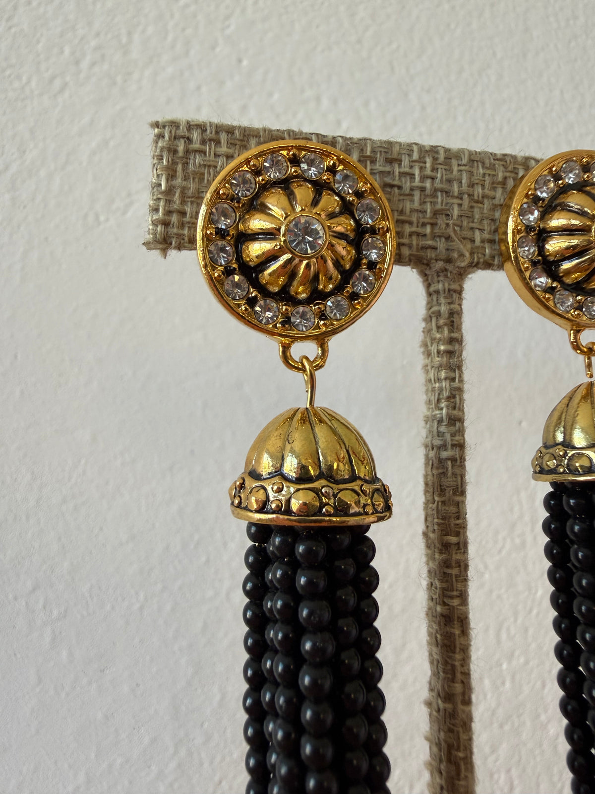 Vintage Avon Gold-Tone Black Beaded Tassel Earrings