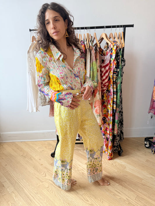 70s Yellow Silk Novelty Print Wide Leg Pant