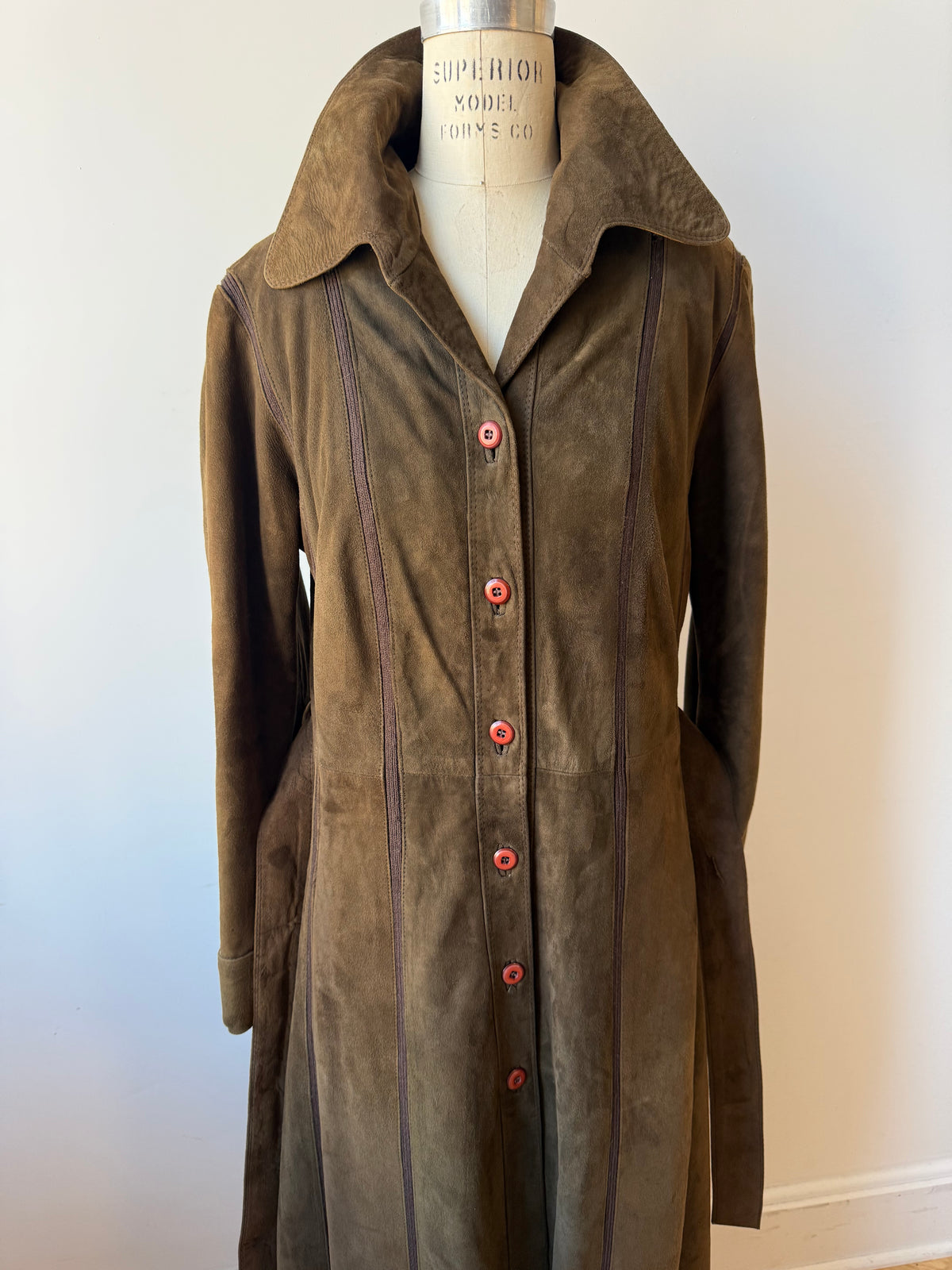 70s Brown Suede Trench w. knit details & belt