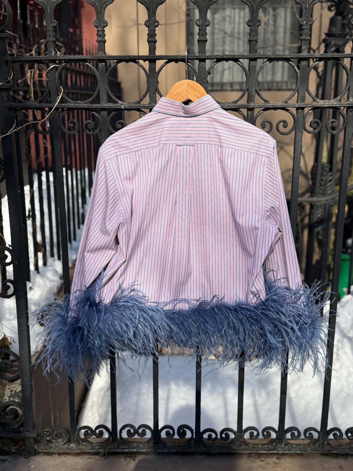 The Colette Feather Shirt - Pink & Blue Stripe and denim