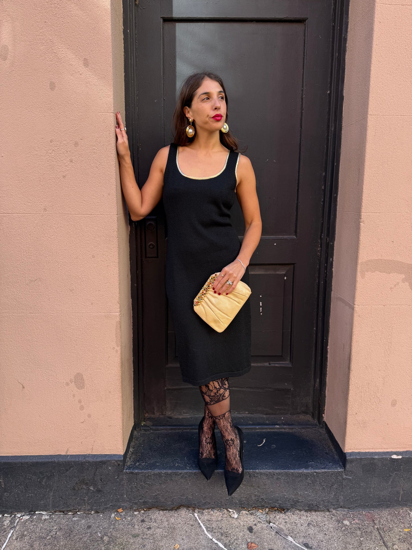 Vintage Italian Black Knit Dress with Gold Trim