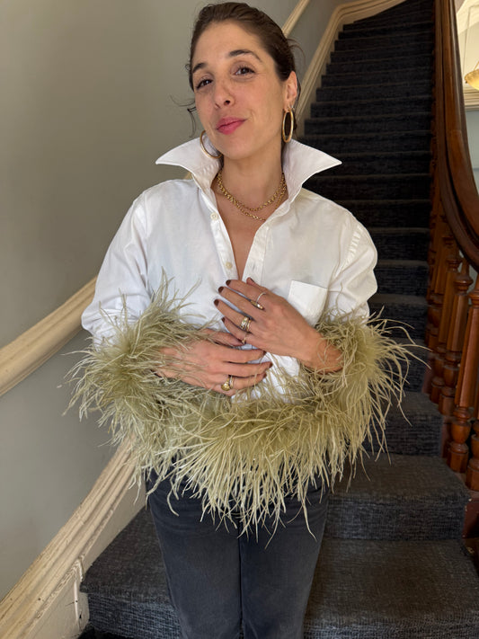 The Colette Feather Shirt - white & sage