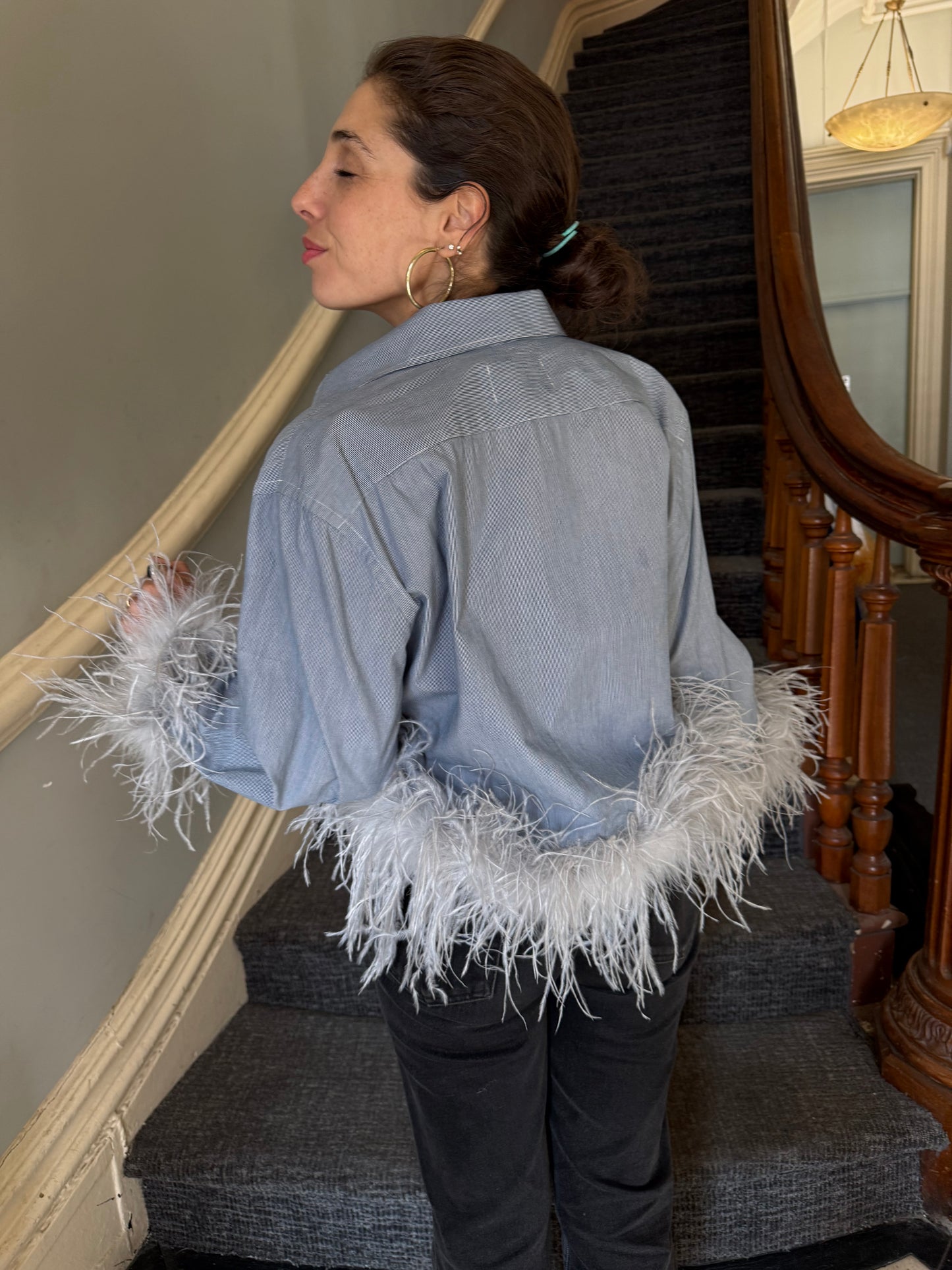 The Colette Feather Shirt - blue pinstripe & grey