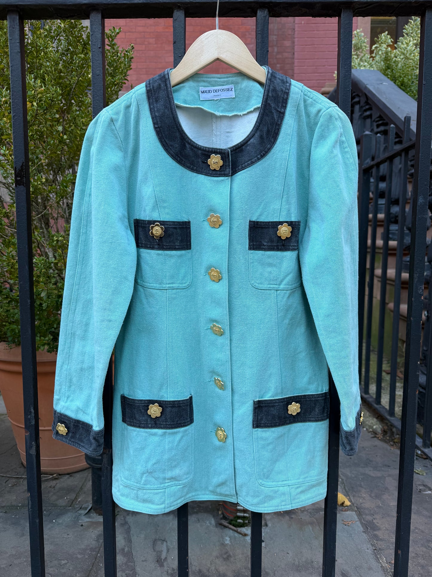 90s Maud Defossez turquoise denim jacket gold flower buttons