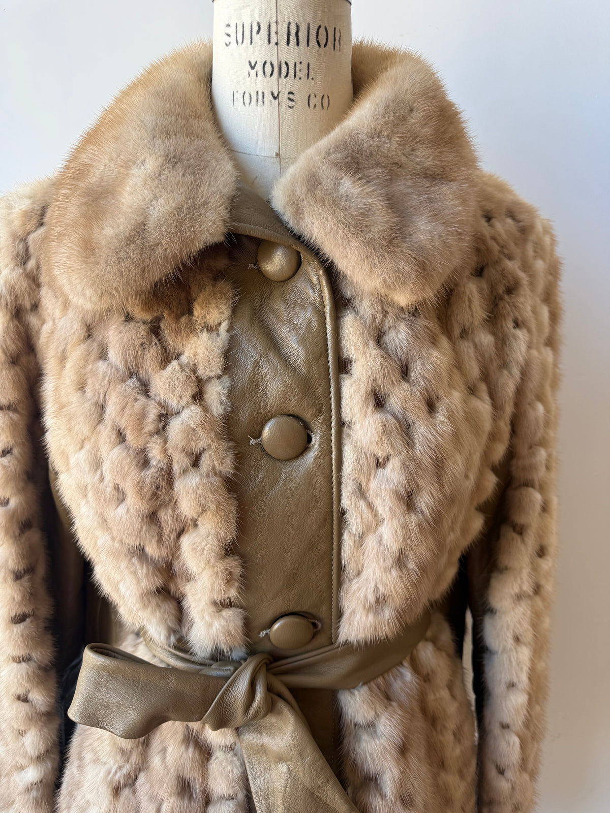 70s Beige Mink & Leather Coat . Belt
