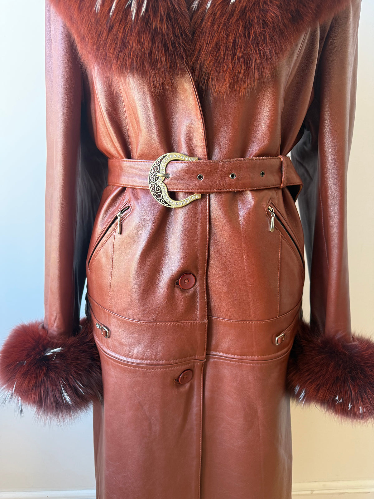90s/Y2K Leather Trench with Dyed Fox Fur Collar & Cuffs