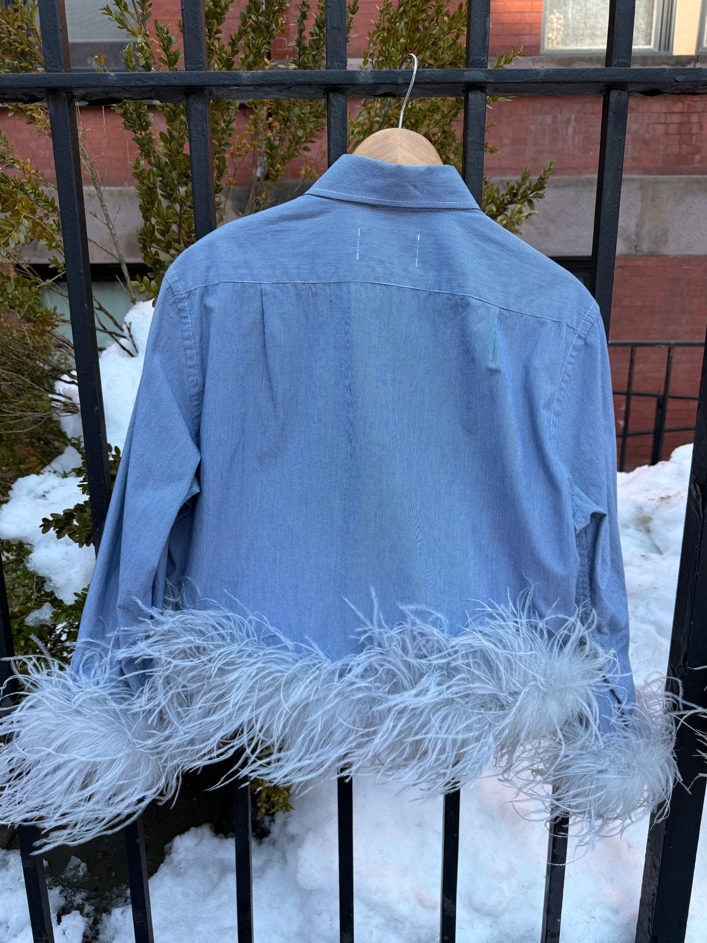 The Colette Feather Shirt - blue pinstripe & grey