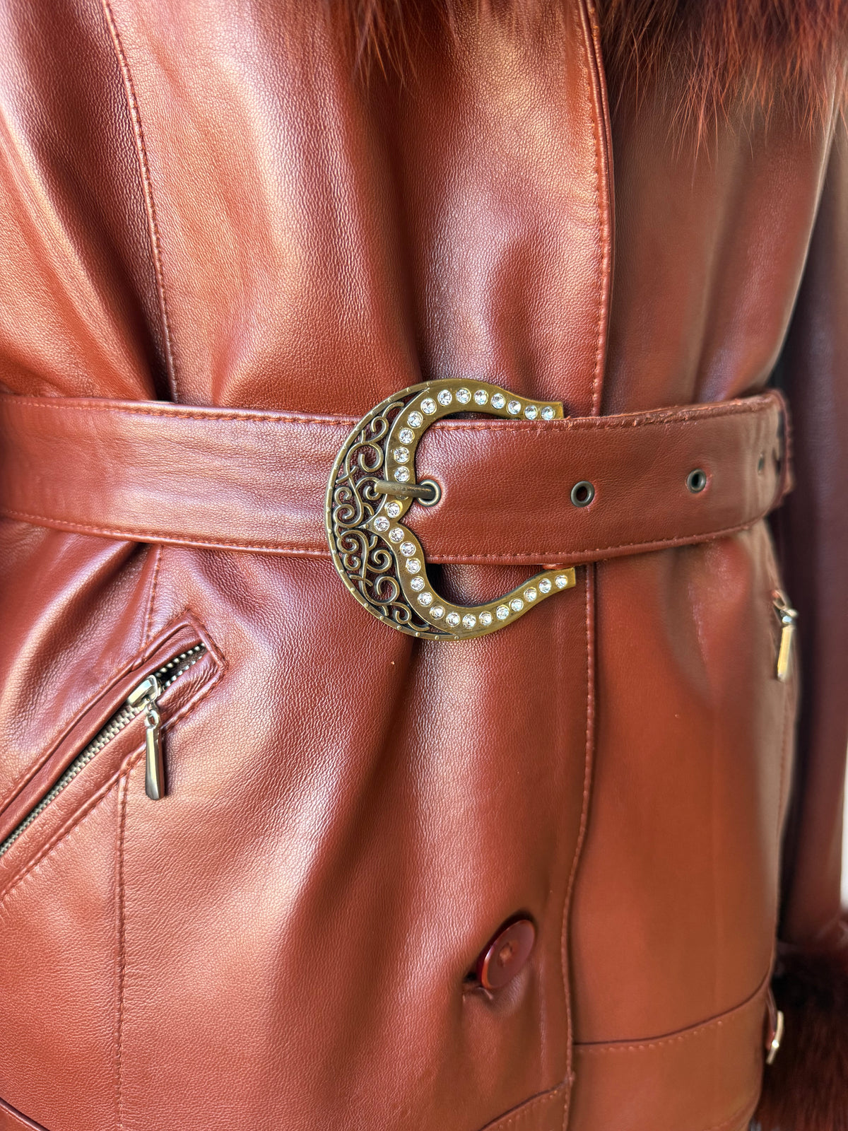 90s/Y2K Leather Trench with Dyed Fox Fur Collar & Cuffs
