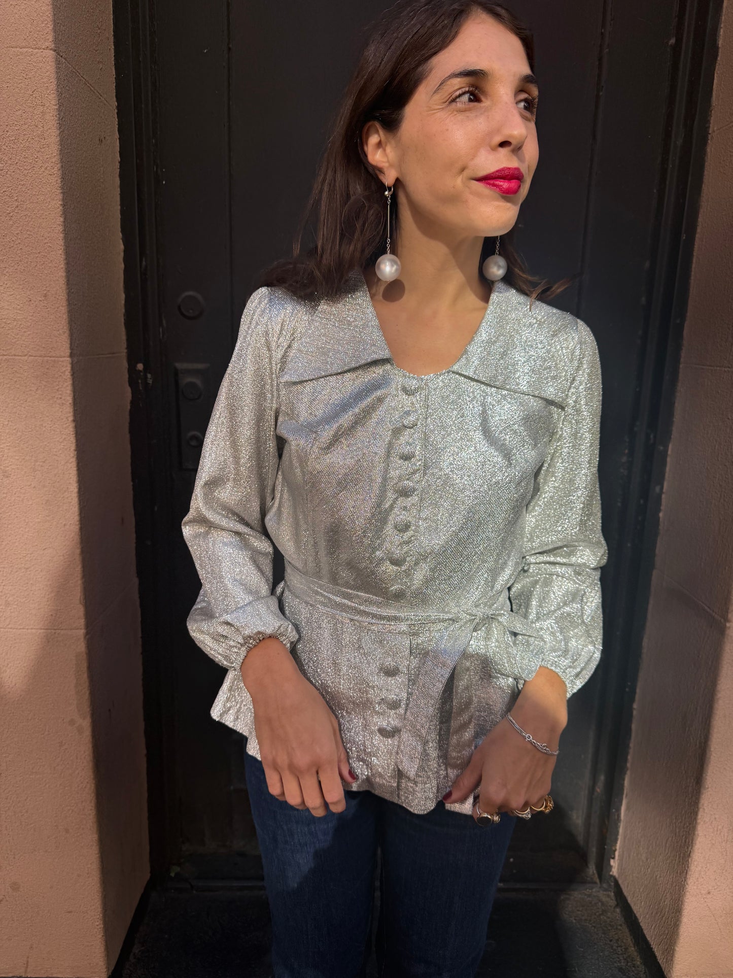 60s French Silver Lame Peplum Blouse