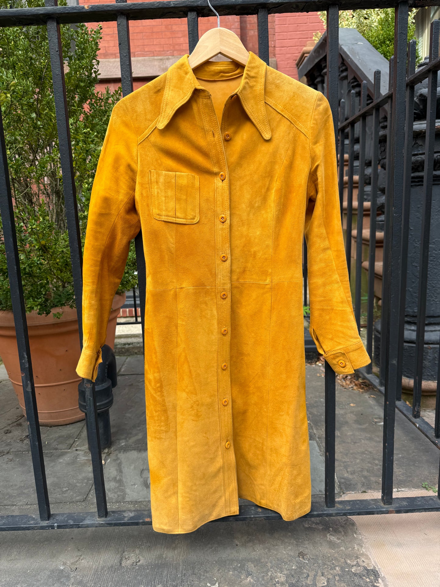 70s Mustard Yellow Sheepskin Suede Dress/Coat