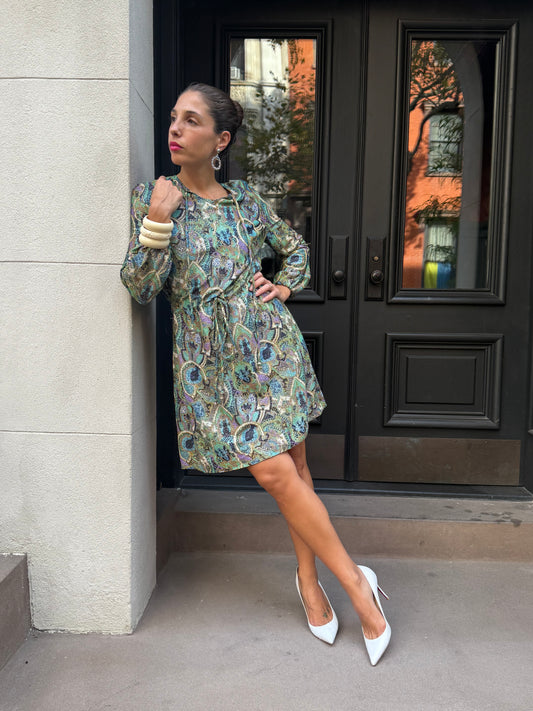 1970s French Lurex Paisley Print Dress