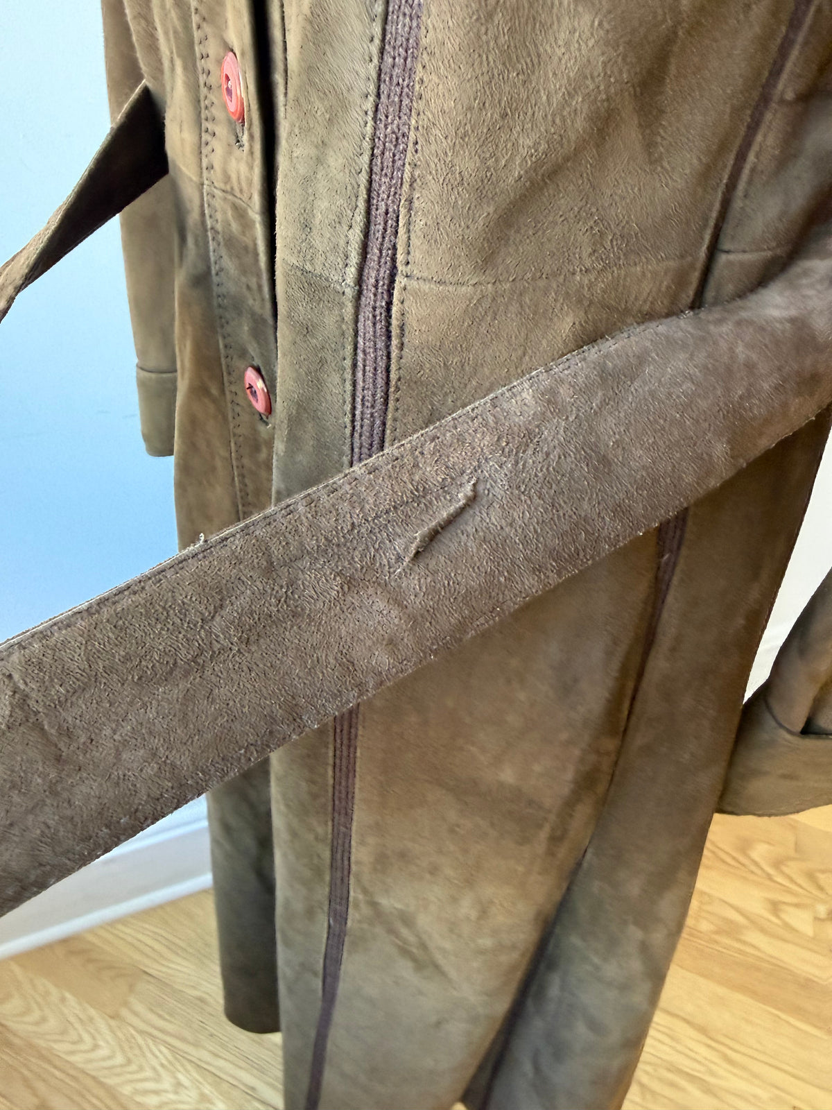 70s Brown Suede Trench w. knit details & belt