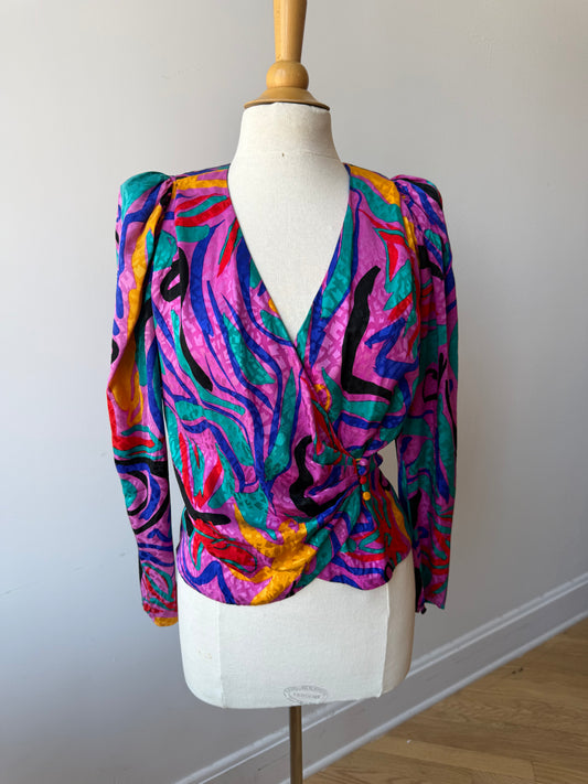 80s Flora Kung Multicolor Silk Blouse