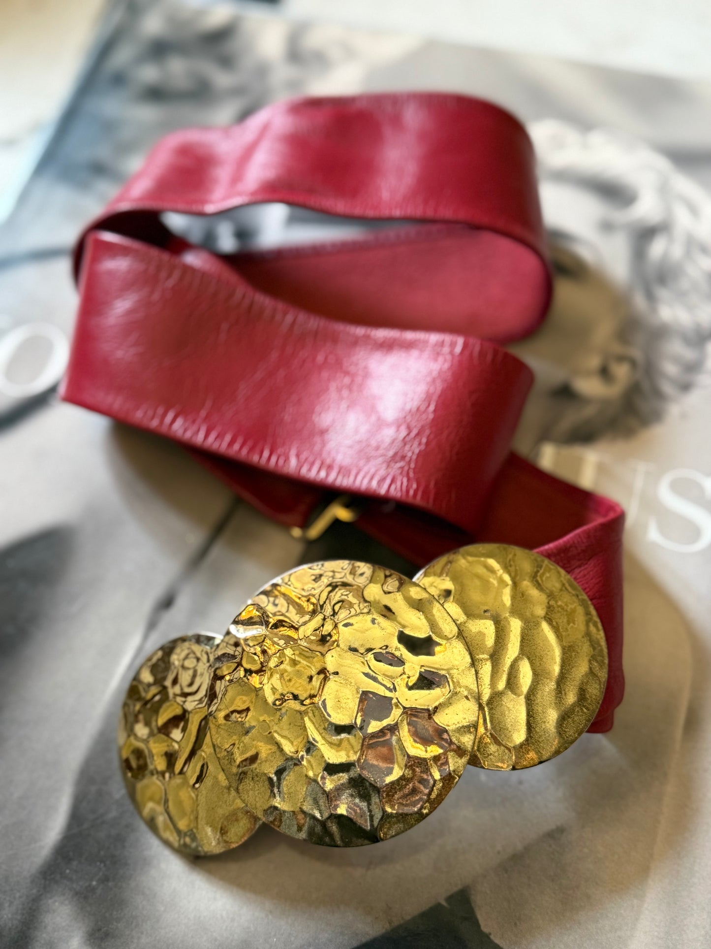 Red Leather belt w. Gold Buckle, up to 42"