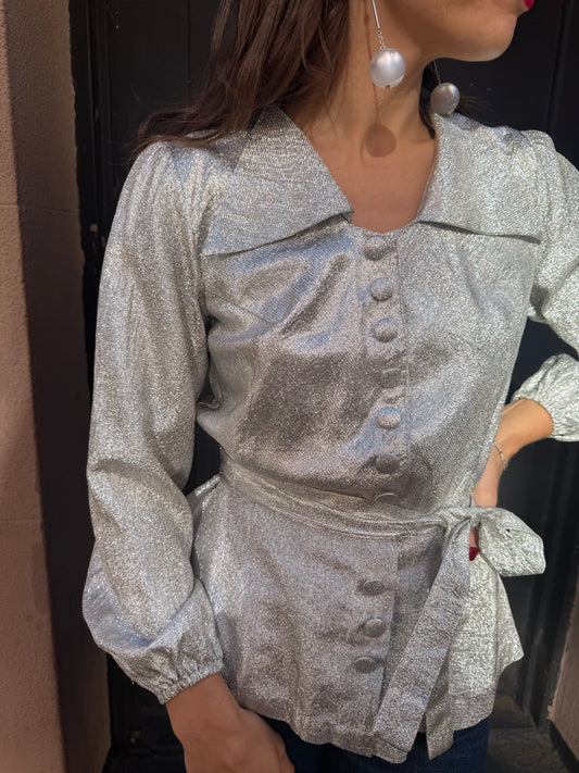 60s French Silver Lame Peplum Blouse