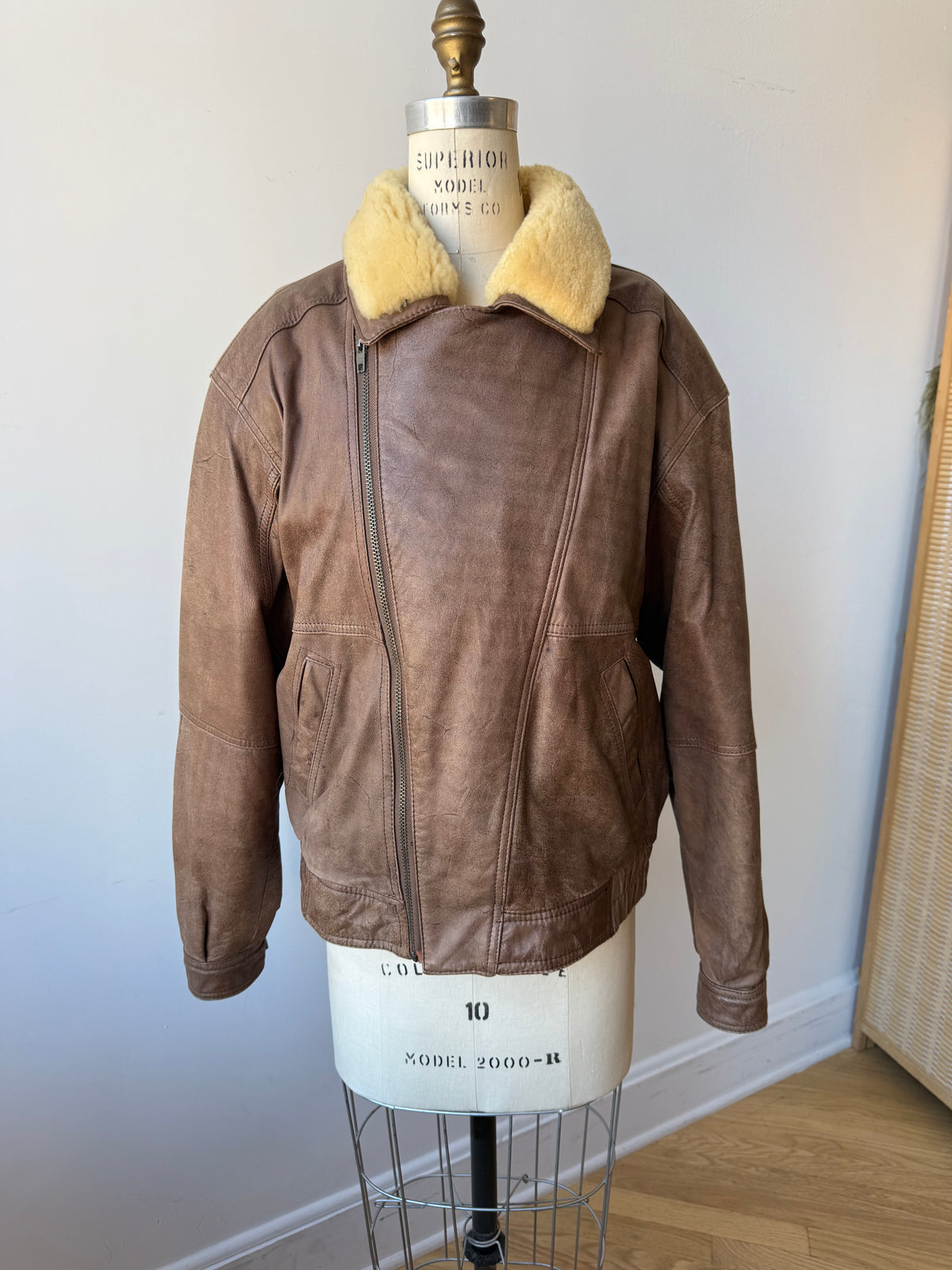 80s Distressed Leather Aviator Bomber Jacket