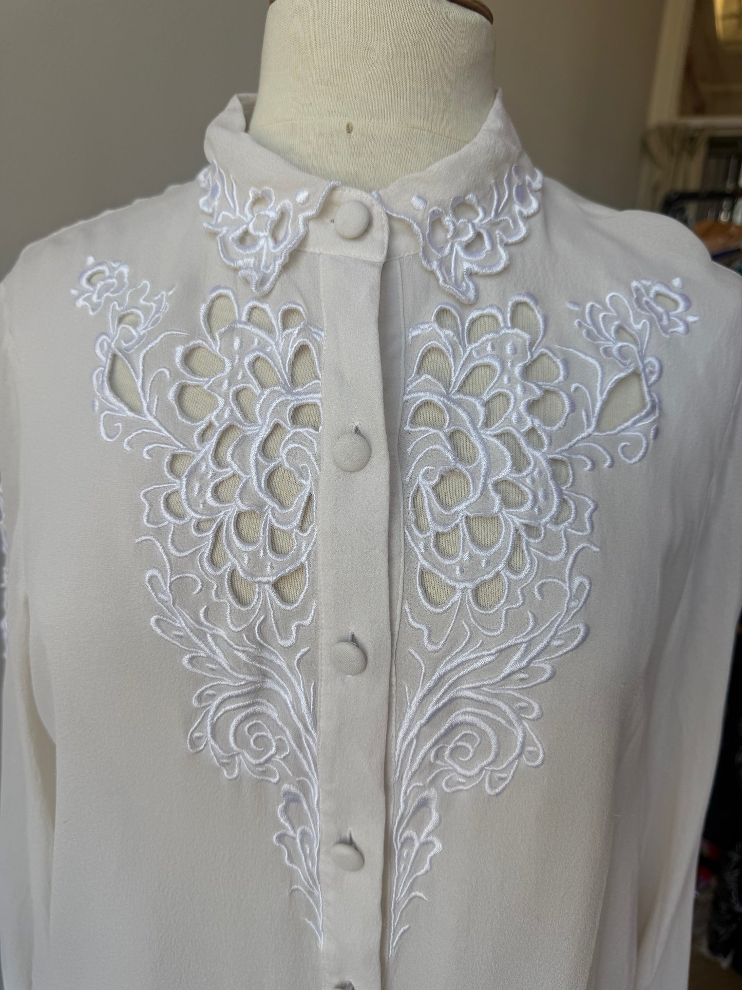 90s Bob Mackie White Silk Cutaway & Embroidered Blouse