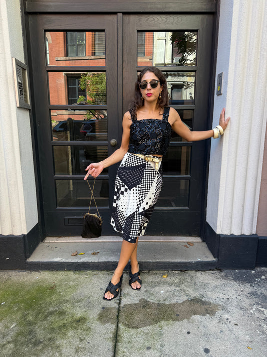 40s Black & White Geometric Printed Skirt