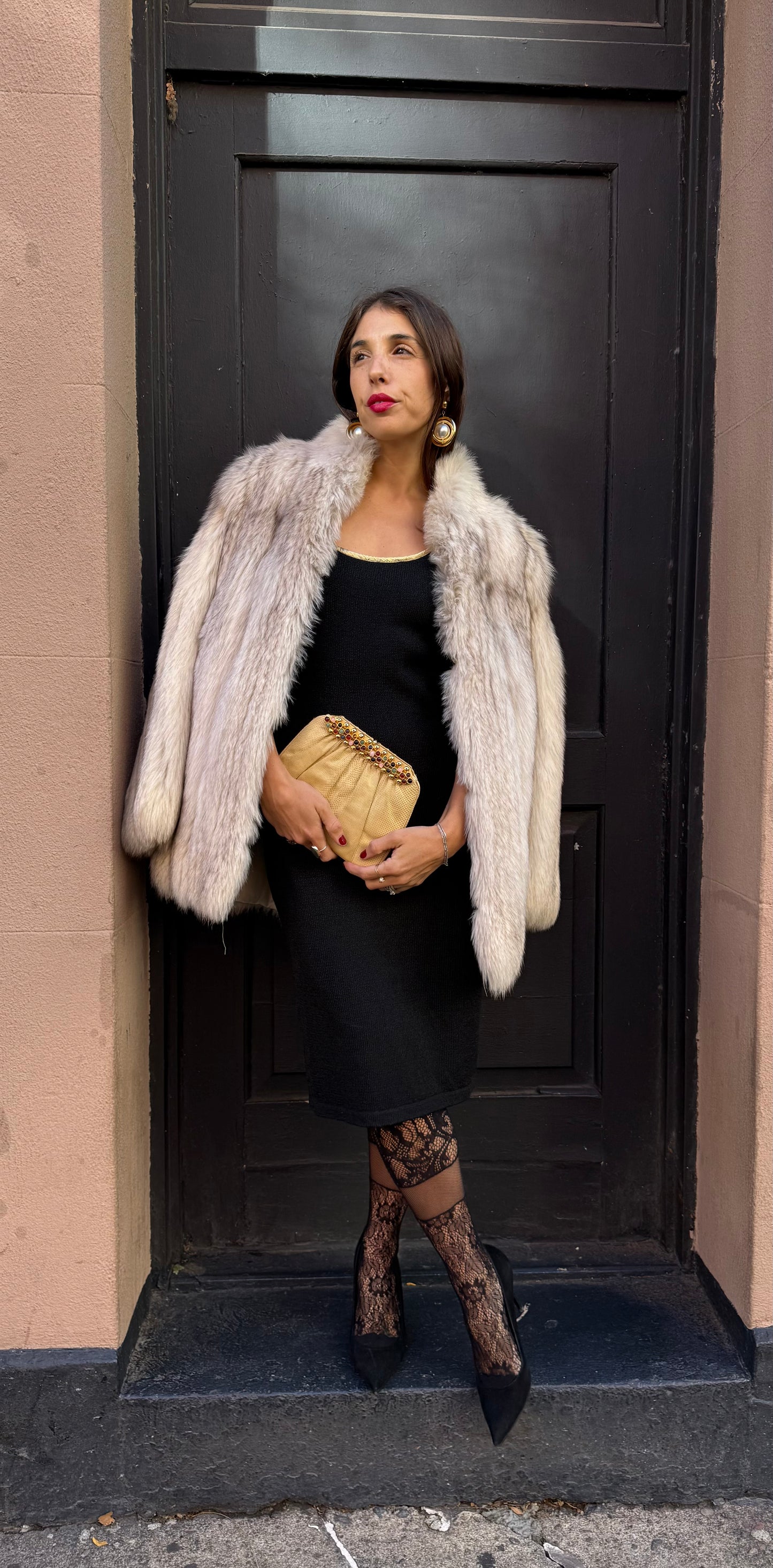 Vintage Italian Black Knit Dress with Gold Trim