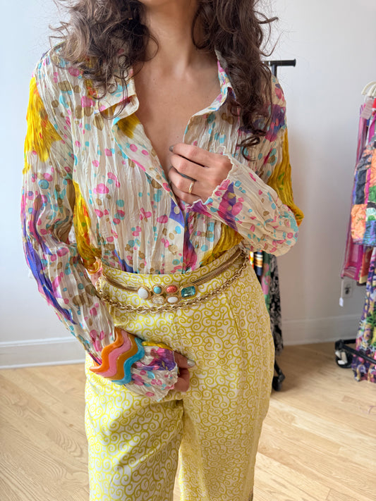 90s watercolor print crinkle blouse