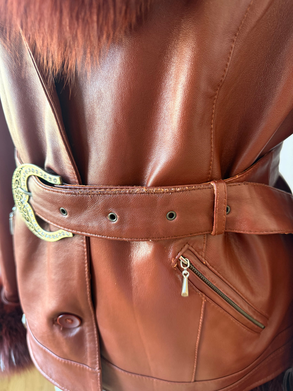 90s/Y2K Leather Trench with Dyed Fox Fur Collar & Cuffs