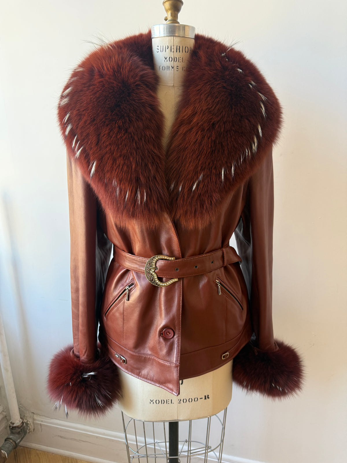 90s/Y2K Leather Trench with Dyed Fox Fur Collar & Cuffs