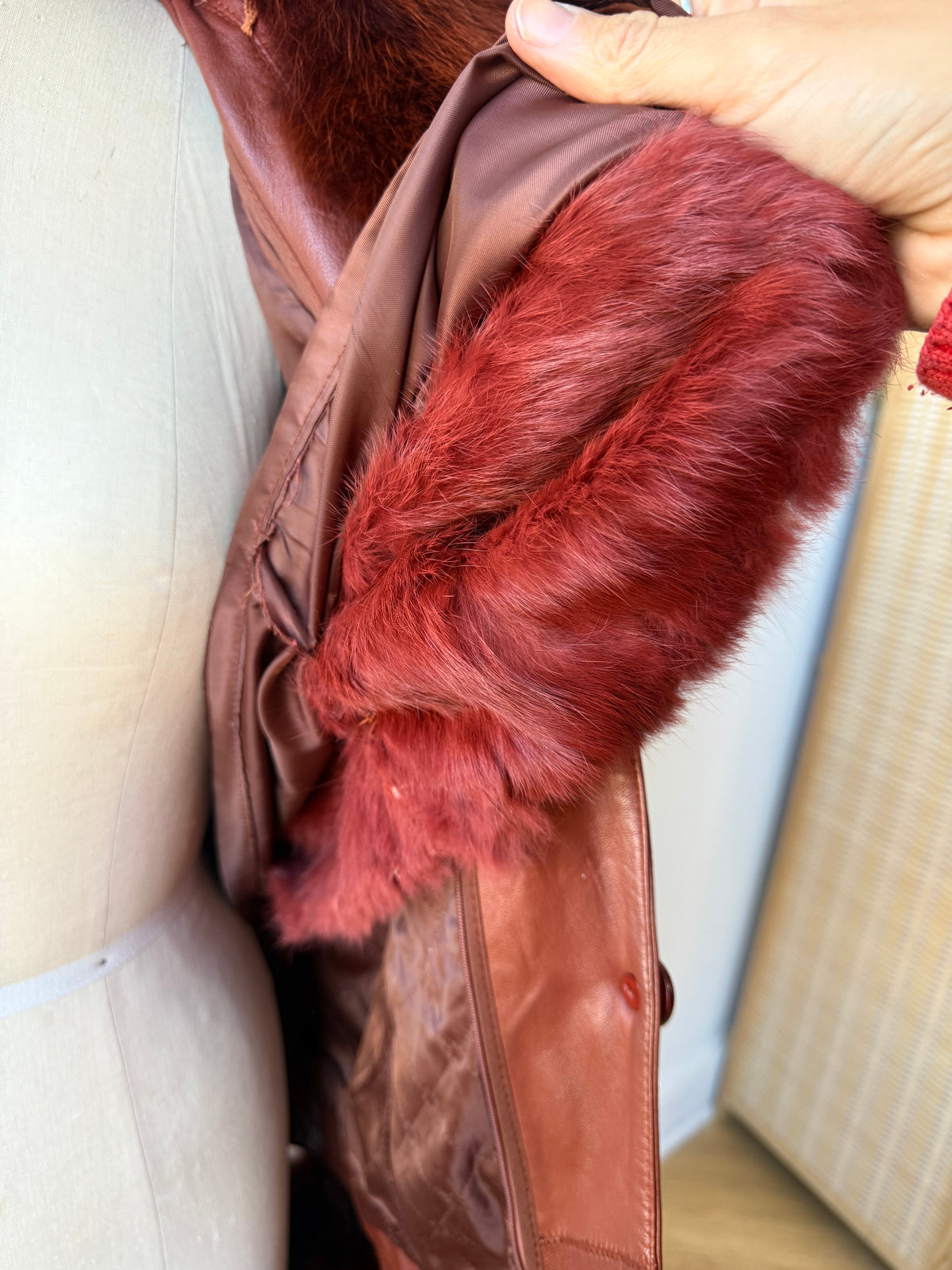 90s/Y2K Leather Trench with Dyed Fox Fur Collar & Cuffs