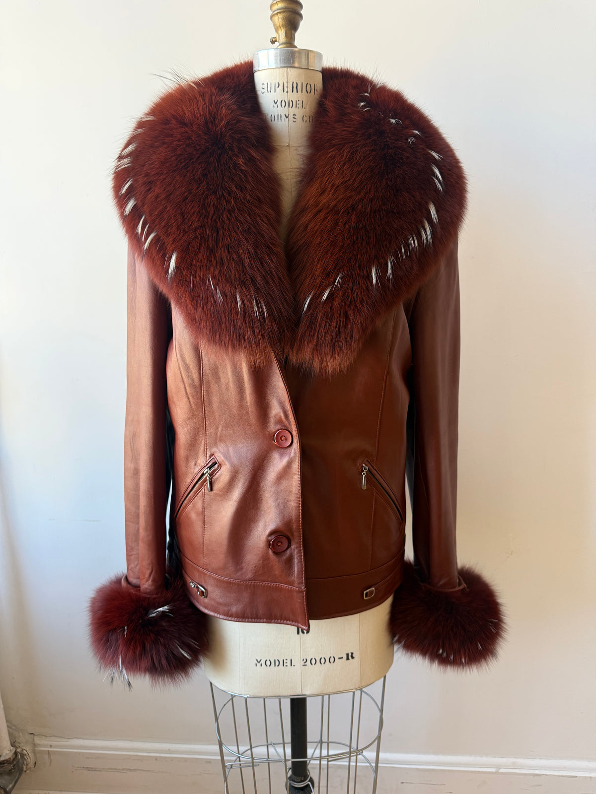 90s/Y2K Leather Trench with Dyed Fox Fur Collar & Cuffs