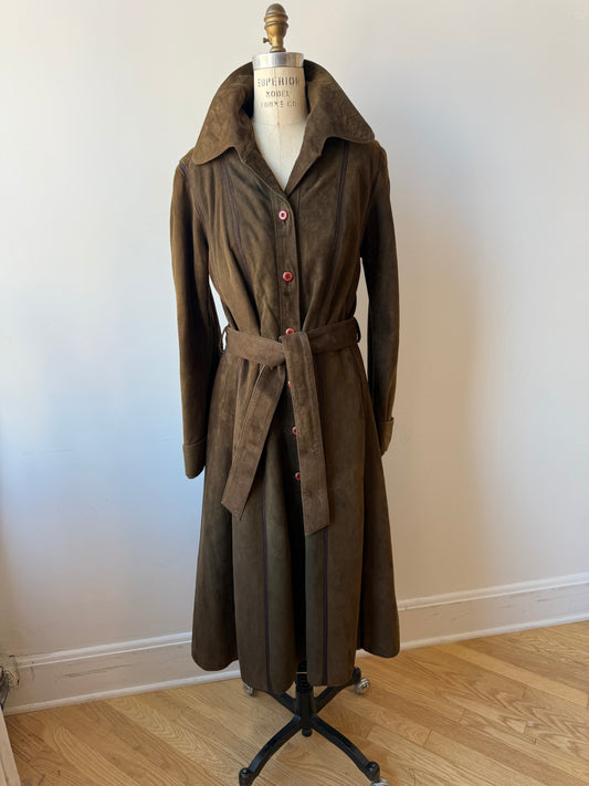 70s Brown Suede Trench w. knit details & belt