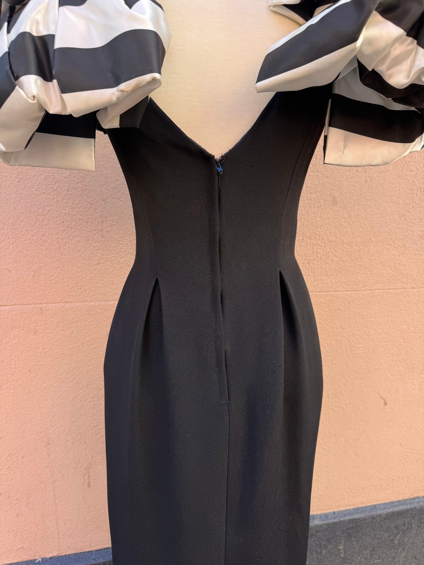 80s RARE Victor Costa black striped bow shoulder gown