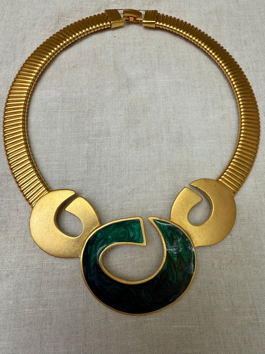 Vintage modernist green enamel gold-tone omega collar