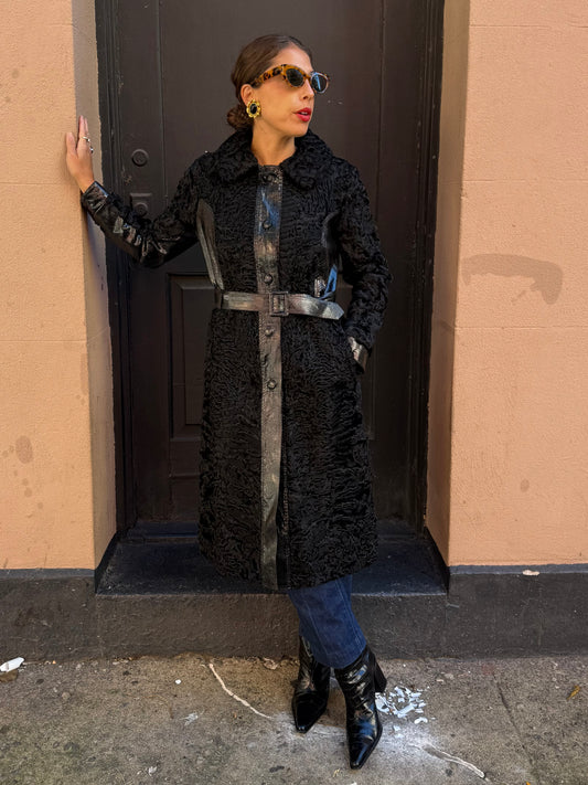 Vintage Parisian Lamb with Snakeskin Trim Black Coat