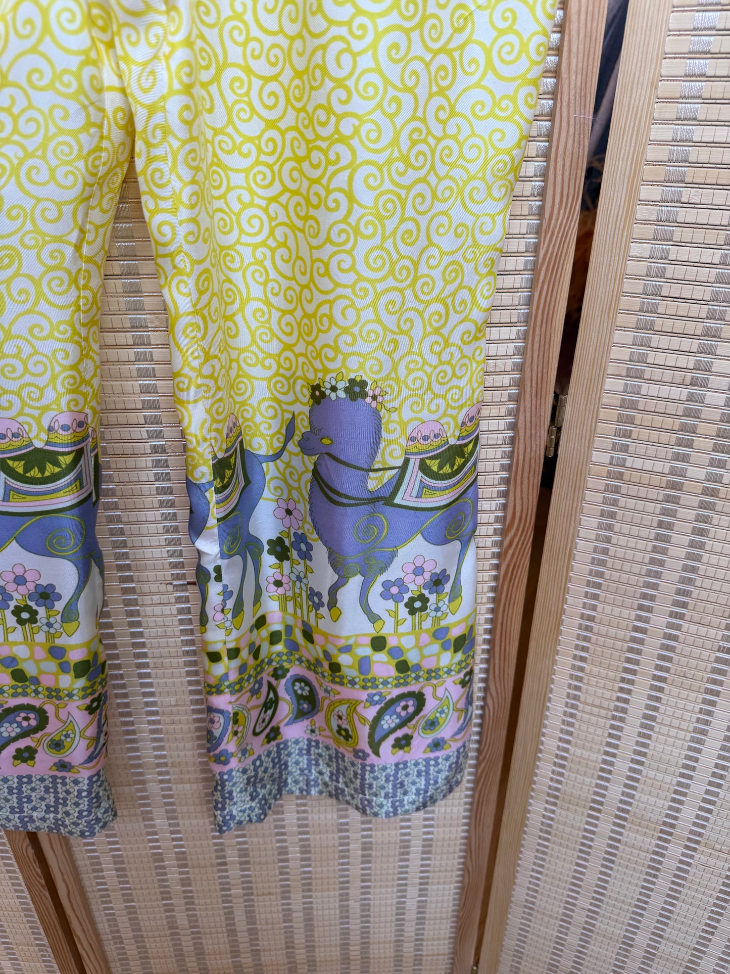 70s Yellow Silk Novelty Print Wide Leg Pant