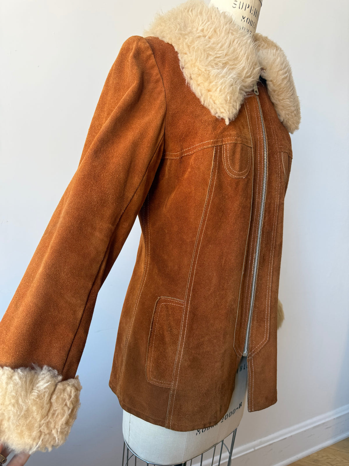 70s "Penny Lane" style Suede Sheepskin Trim Jacket w zipper