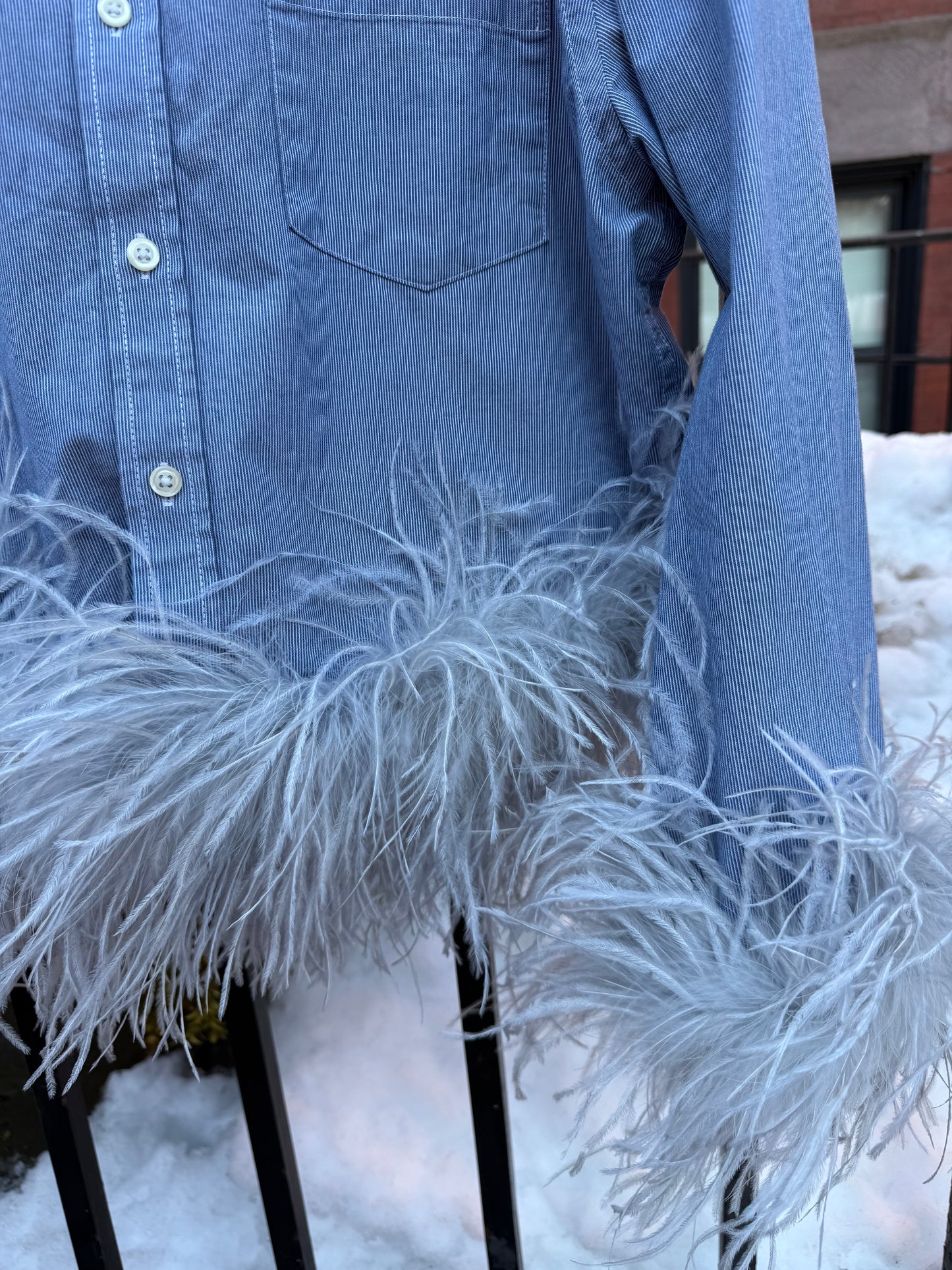 The Colette Feather Shirt - blue pinstripe & grey