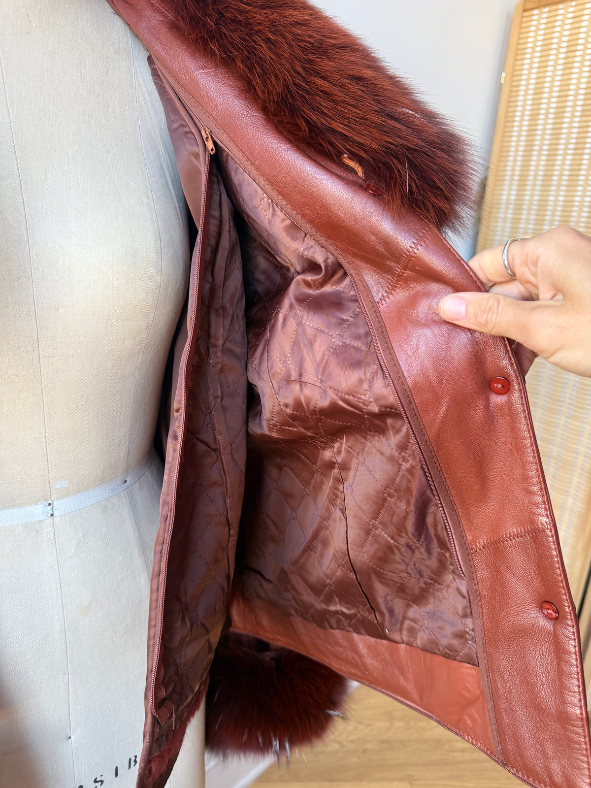 90s/Y2K Leather Trench with Dyed Fox Fur Collar & Cuffs