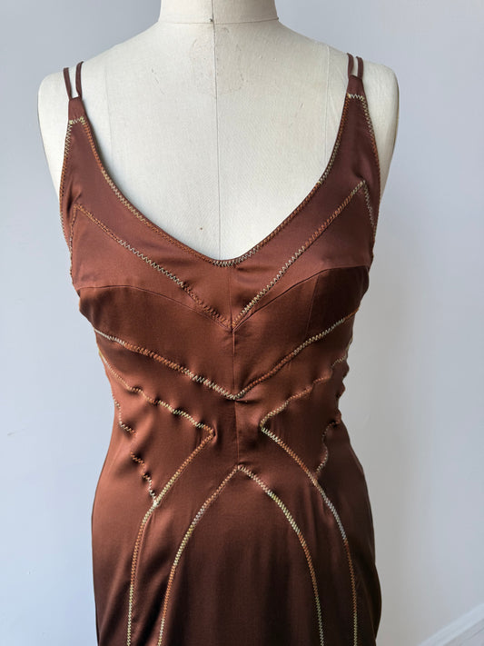 Y2K Just Cavalli Brown Silk Dress w. Ombré embroidered details