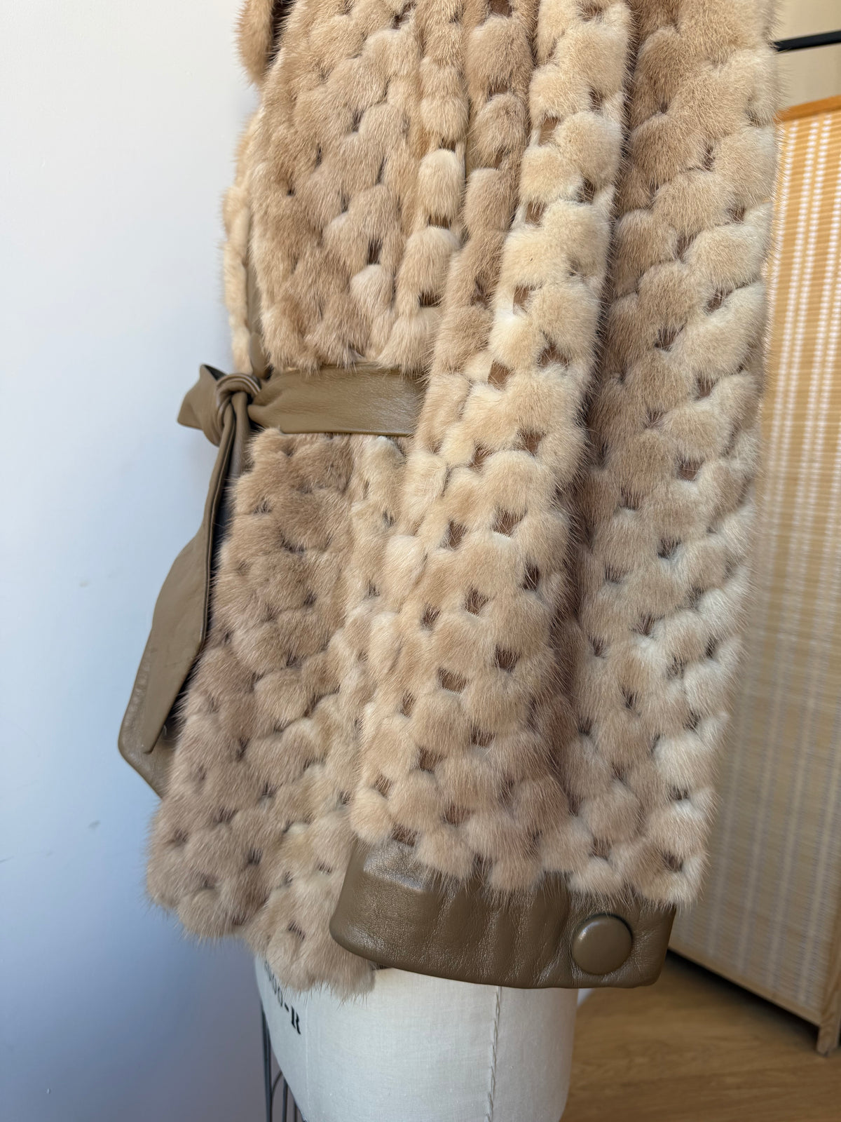 70s Beige Mink & Leather Coat . Belt