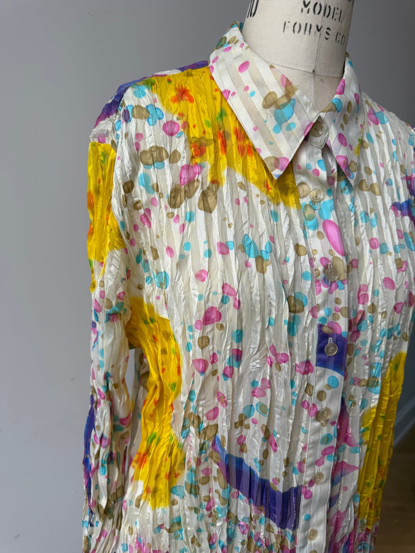 90s watercolor print crinkle blouse