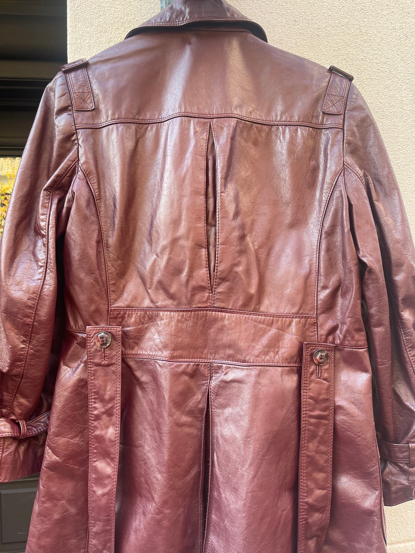 70s burgundy leather trench