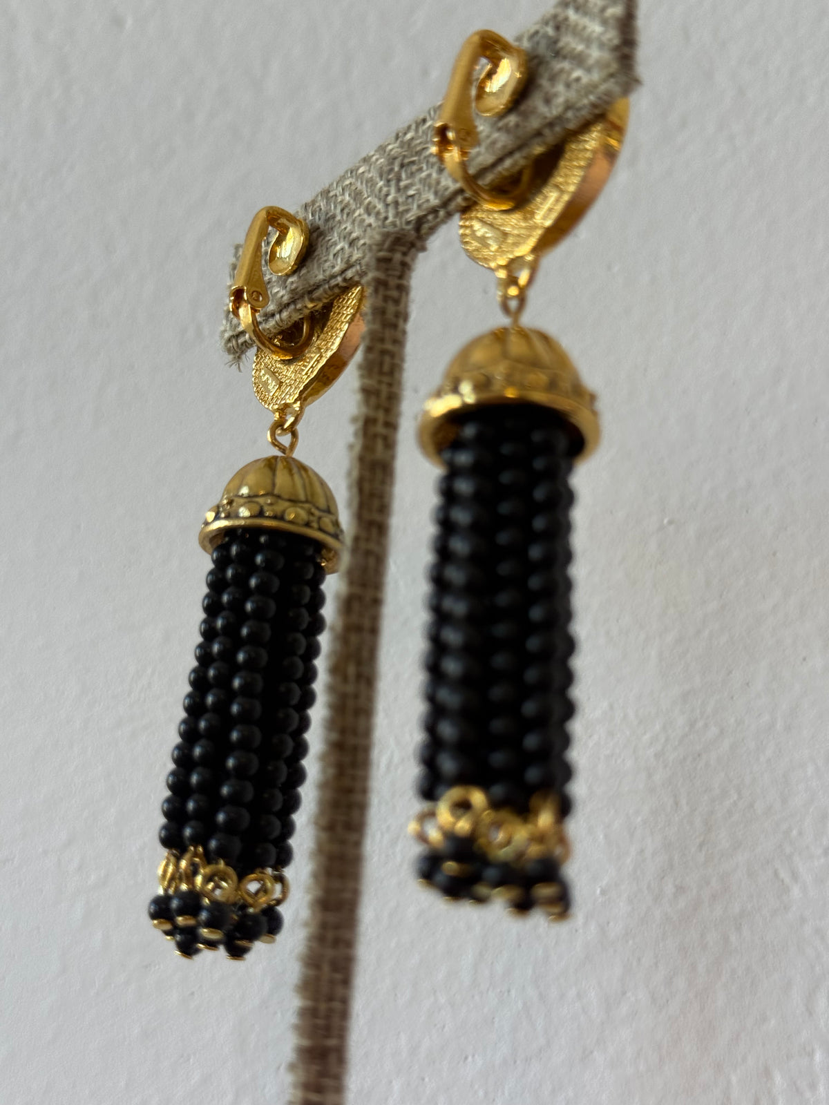 Vintage Avon Gold-Tone Black Beaded Tassel Earrings