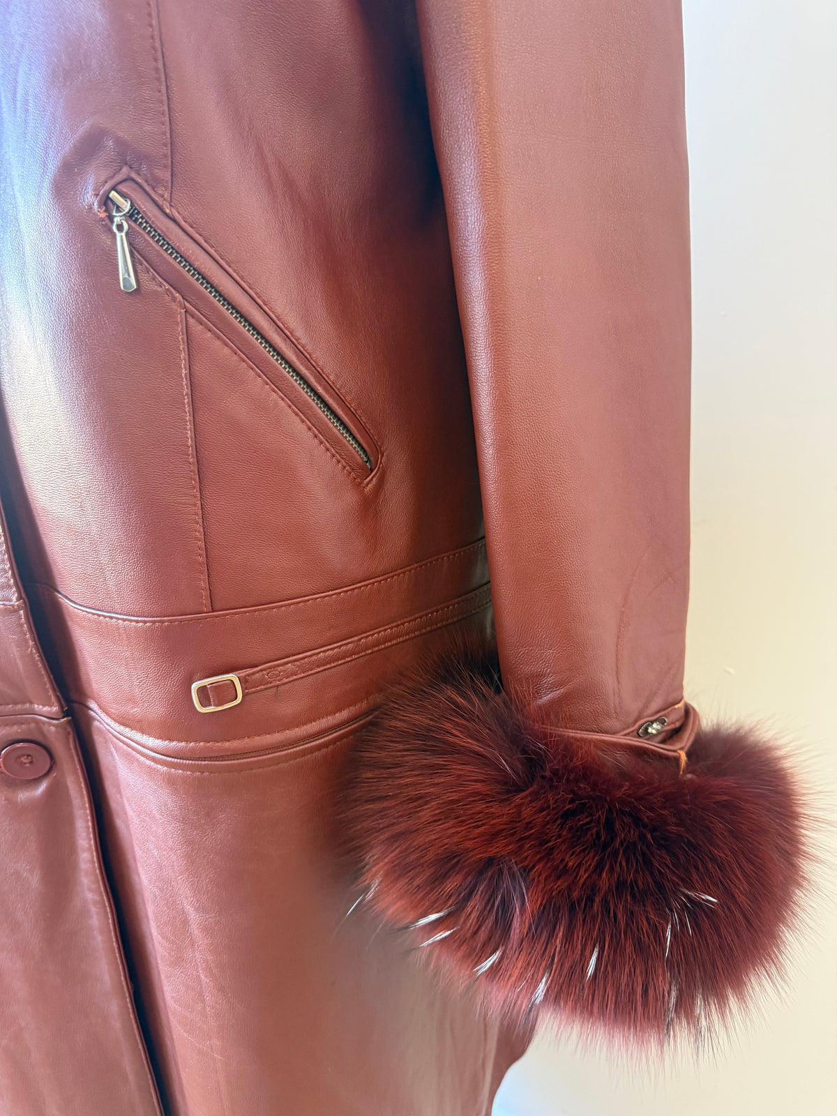 90s/Y2K Leather Trench with Dyed Fox Fur Collar & Cuffs