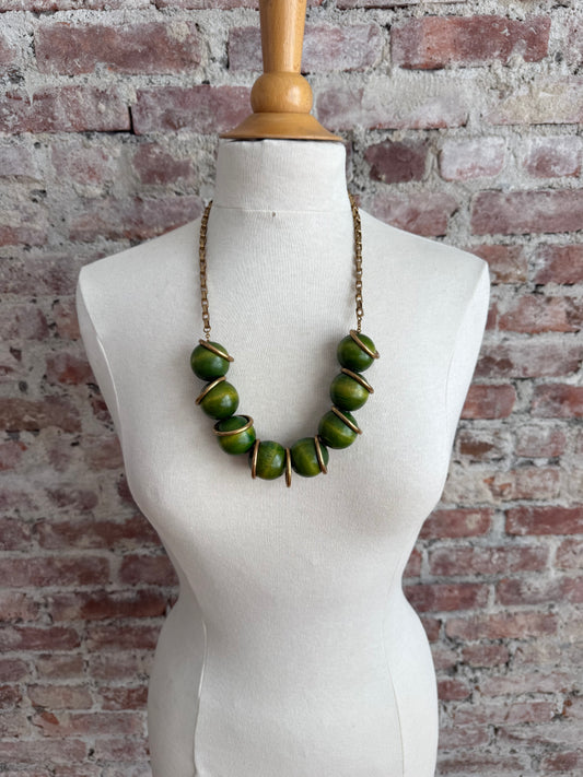 1950s brass & wooden bead necklace